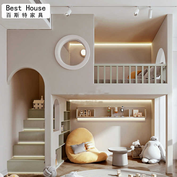 Modern Minimalist Children's Room Treehouse Bed, Bunk Bed, Solid Wood Single-Layer High and Low Bed, Boy's Bed with Arc and Round Hole Design