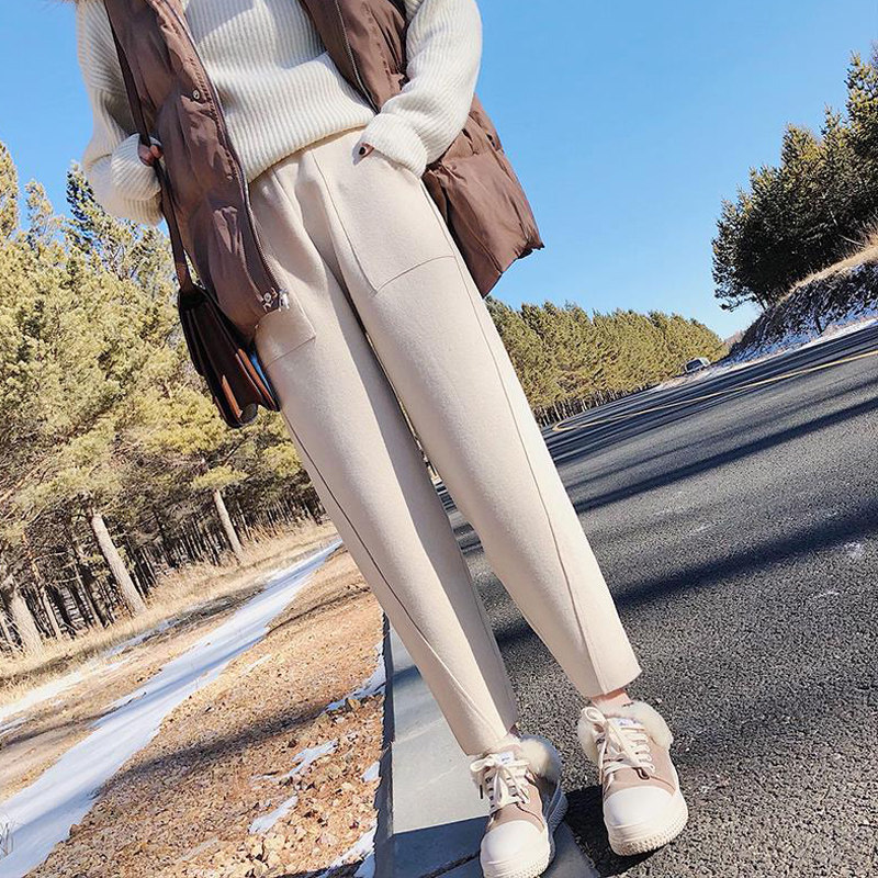 Large size woolen pants women's autumn and winter small feet nine-point harem pants fat mm casual 200 catties loose wide-leg lob pants