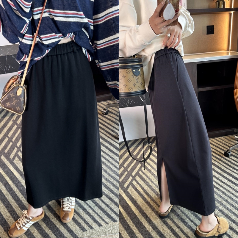 Elastic Waist Straight Skirt for Women, New Autumn Style, Plus Size, Slimming, Covering the Body, Casual, Versatile, Back Slit, Mid-Length Skirt