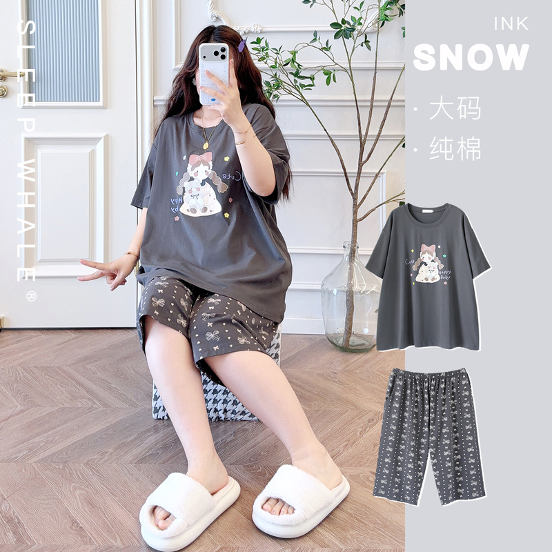 Cute Girl Print Loose Plus-Size T-Shirt Pajamas Short-Sleeved Capri Pants Summer Pure Cotton Plus-Size Loungewear 100kg