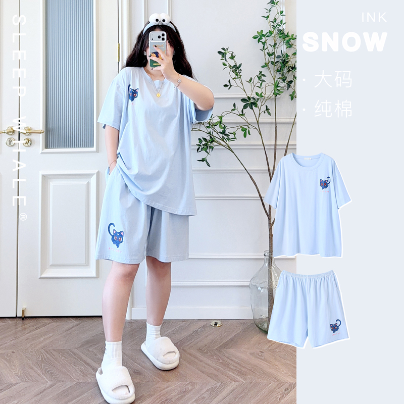 Sailor Moon Luna Cat Plus Size Short Sleeve T-Shirt and Shorts Summer Pure Cotton Solid Color Fat Girl Pajama Set 100kg