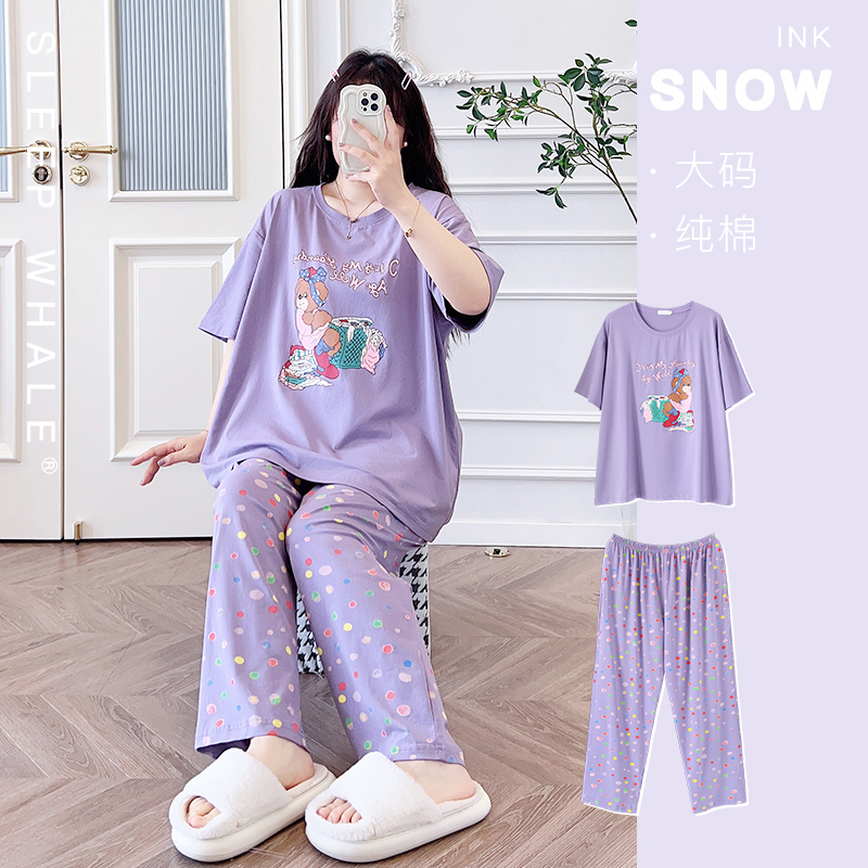 Baby Cotton Bear New Summer Short-Sleeved T-Shirt and Long Pants Pajamas Plus Size Cartoon Chubby Girl Thin Loungewear for Women 100kg