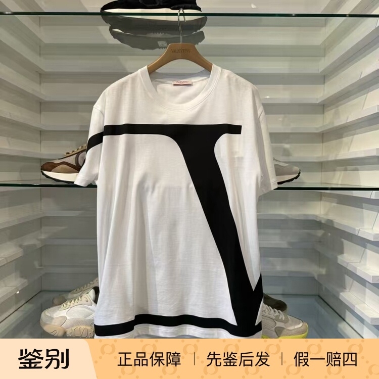 Valentino Men's T-Shirt Black Large V Letter Short-Sleeved European and American Versatile Daily Casual Summer Wear
