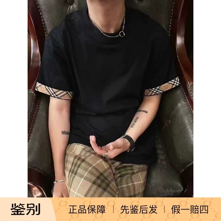 Burberry Men's Plaid Cuff T-Shirt Short-Sleeve Versatile European and American Style Solid Color Pure Cotton for Daily Wear Burberry Men's Plaid Cuff T-Shirt Short-Sleeve Versatile European and American Style Solid Color Pure Cotton for Daily Wear