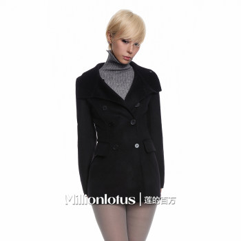 Lotus's million black wool double-sided wool jacket with ancient style mid-length covers the hips and slims the waist, slim and advanced