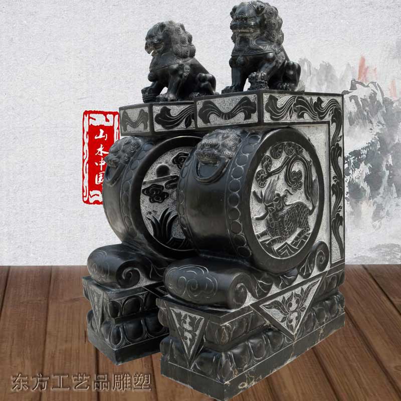 Bluestone stone carving gate piers antique stone lions holding drum stones a pair of household lucky town houses Chinese style Dali courtyard entrance