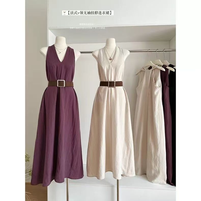 French-Style Halter Neck Purple V-Neck Dress for Women, Summer 2026 New Style, Waist-Cinching, Elegant, High-End, Backless A-Line Long Dress