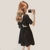 21 Summer new sweet little man waist slim sexy backless bow dress Hepburn style small black dress