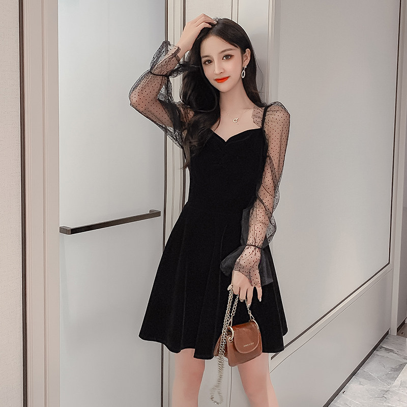 2020 Autumn New sweet hipster sexy waist slim mesh stitching velvet dress small black dress women