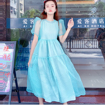 New lake blue mesh foam sleeve dress fairy thin sweet French court style Princess puffy skirt