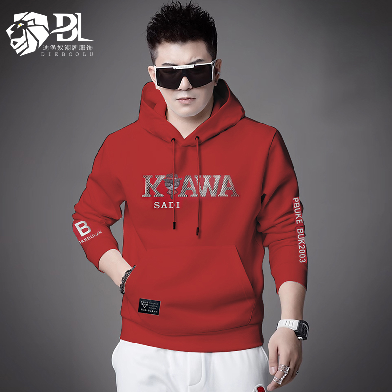 Red European-Style Hooded Long-Sleeve Sweatshirt for Men, 2026 Autumn and Winter New Pullover Top, Trendy Casual Men's Wear Red European-Style Hooded Long-Sleeve Sweatshirt for Men, 2026 Autumn and Winter New Pullover Top, Trendy Casual Men's Wear