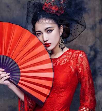 Red and white photo studio costume antique fan photo photography silk cloth fan costume photo folding fan Chinese style props