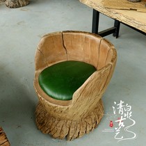 Qingquan ancient art weathered wood root carving round stool solid wood stool tea table master chair Balcony decoration chair leather stool