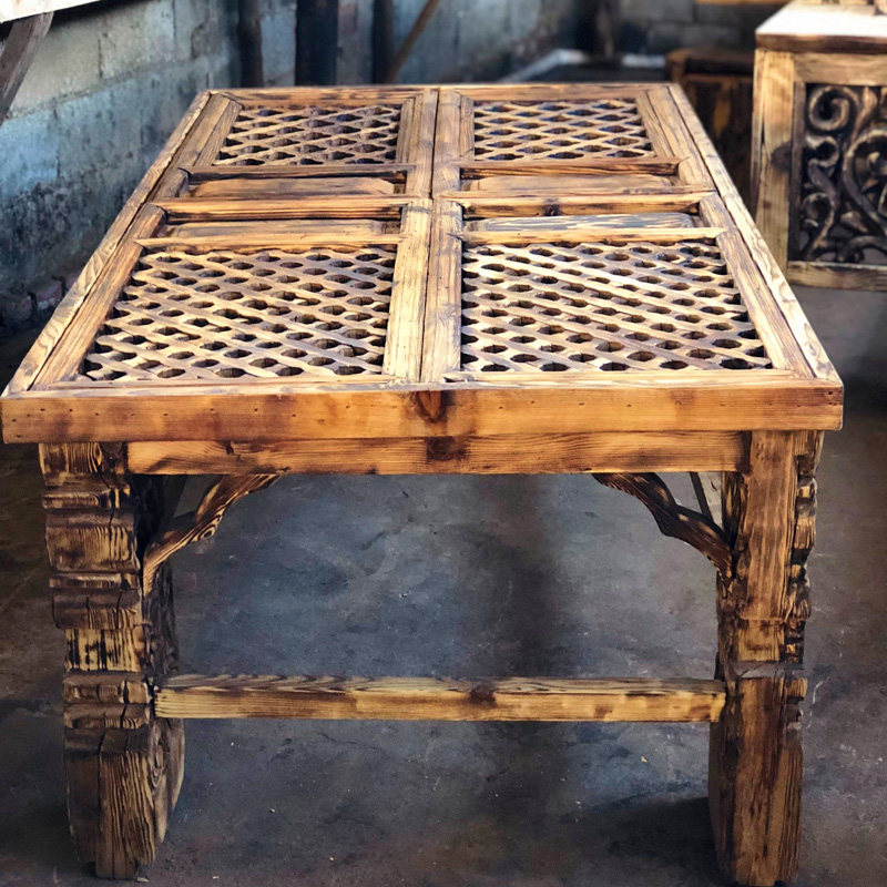 Solid wood doors and windows tea table Chinese Zen coffee table living room log old carved craft Zen room tea table tea art table