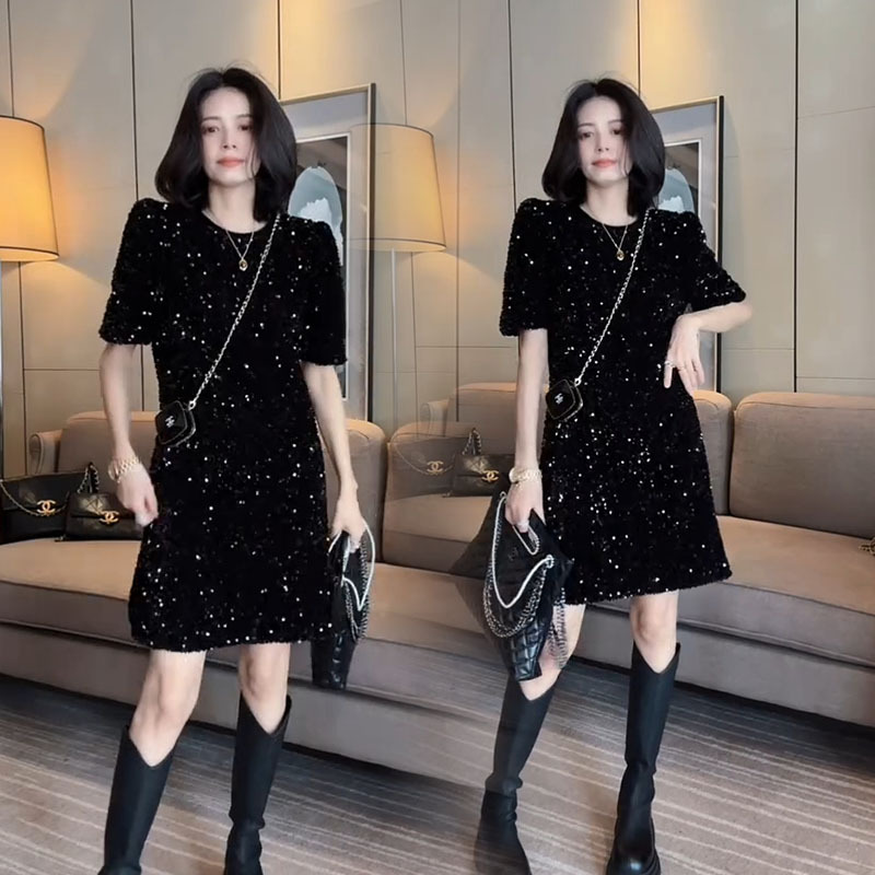 2026 Spring and Autumn New Dress Korean Style Heavy Craft Light Luxury Style Sequin Embroidery High-End Mid-Length Winter Base Dress