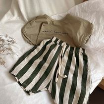 Retro tune ~ Korean children print wide strips of cotton linen shorts for men and women 2022 Summer casual broadlegs 100 lap pants