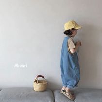 High quality Korean childrens loose denim strap pants 2021 spring dress with feel