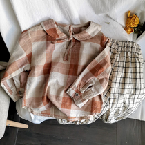 Vintage color Korean custom~Korean girl baby College wind cotton and hemp long sleeve plaid lapel shirt top