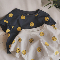 Soft and soft for children cotton fabric loose print smiley face short sleeve T-shirt male and female 2022 summer blouses