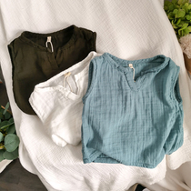 Sweat absorbing breathable cotton yarn ~ Korean children solid color cotton linen art vneck vest baby sleeveless top 2021 summer