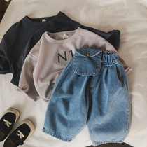 2021 spring Korean boys and girls running bag wide leg jeans children retro color casual pants