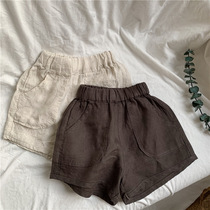 Super-looking loose linen shorts 2022 Summer Korean boys girls cotton linen large pocket casual shorts