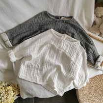chao soft waxy literary tone Korean Children Baby loose fan cotton linen solid color long sleeve t-shirt shirt top 2020 Spring