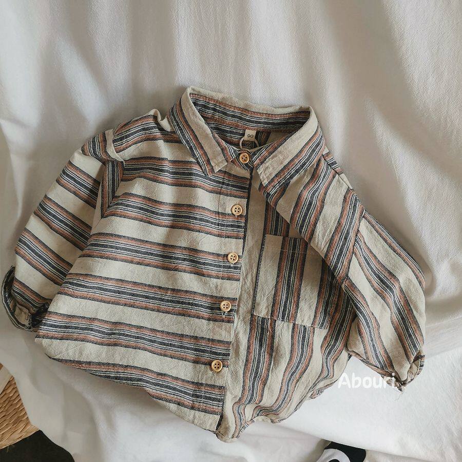 Artistic temperament ~ Do the old stripe Korean children irregular cotton linen shirt 2022 spring and summer baby long sleeve shirt