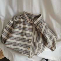 Artistic temperament ~ Do the old stripe Korean children irregular cotton linen shirt 2022 spring and summer baby long sleeve shirt