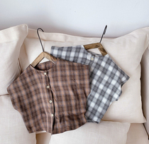 Small art and clothing windy South Korean boy girl baby cotton linen short sleeve loose plaid shirt blouse 2022 summer