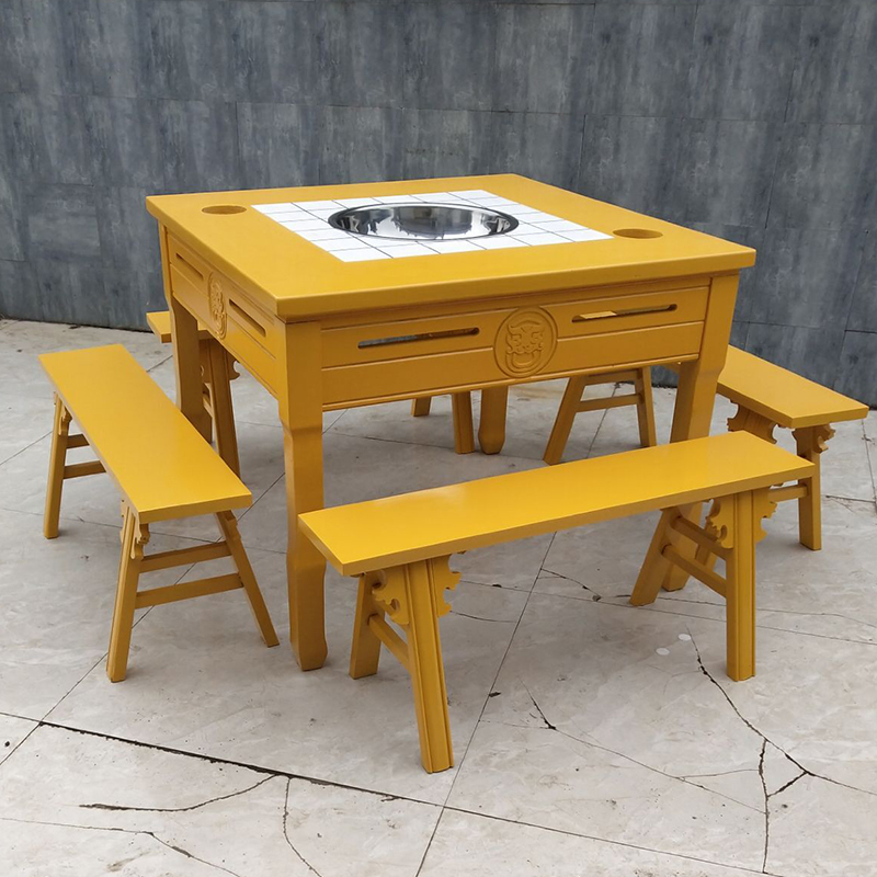 There is a twist-head tile hot pot table induction cooker commercial small lattice smoke-free restaurant string incense market dining table and chair combination