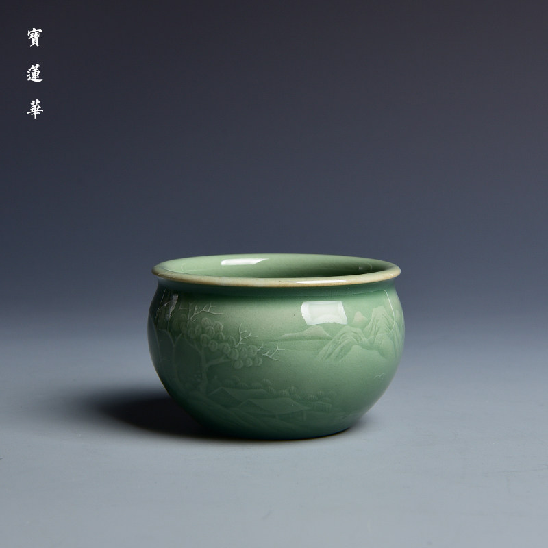 Yan Shaoying Longquan Qingqing Porcelain Cup Plum Green Glazed Hand-carved Mountain Water Cup Master's Cup Teacup Porcelain Cup