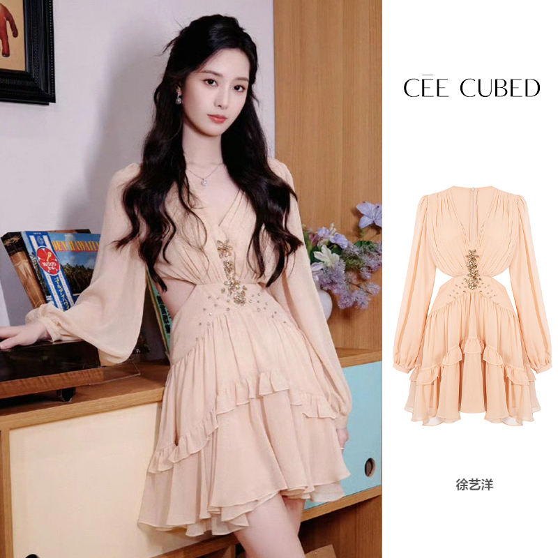 Yang Chaoyue and Xu Yiyang's Same Style Cee Cubed Crepe Chiffon Floral Rhinestone Embellished Waist-Revealing Deep V-Neck Dress for Women, New Model