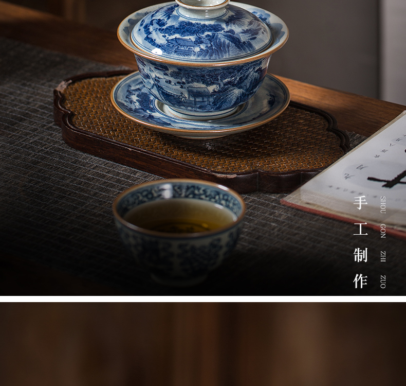 Old owl up clay five blue and white tureen tea service manual hand - made surface landscape maintain large kongfu tea bowl