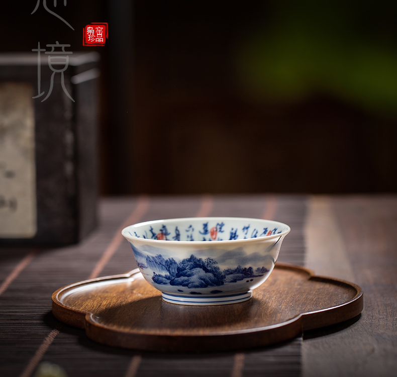 The Owl up jingdezhen blue and white landscape hand - made tea set on autumn Ming maintain figure kung fu tea cup master CPU