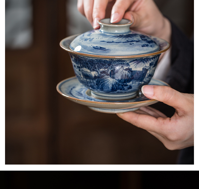 Old owl up clay five blue and white tureen tea service manual hand - made surface landscape maintain large kongfu tea bowl