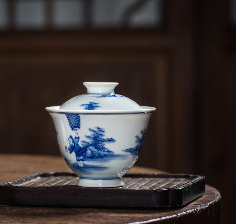 The Owl only tureen teacups hand - made up with jingdezhen blue and white two high - end antique checking ceramic tea bowl