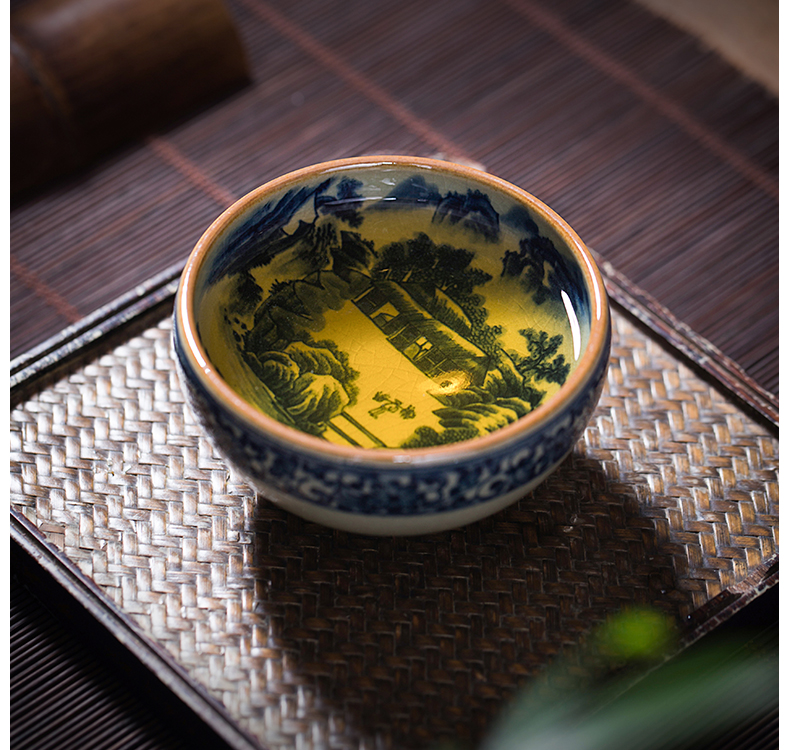 Owl up clay open piece of blue and white landscape maintain glaze cup the draw master cup single CPU manually lohan pu - erh tea cup