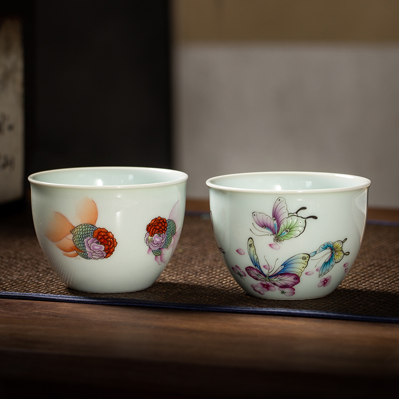 The Owl up with jingdezhen ceramic tea set of pure manual personal master cup kung fu tea colored enamel hand - made butterfly goldfish