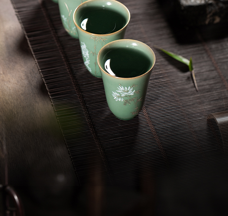 Owl up jingdezhen hand - made silver tea name plum green glaze kung fu tea cups individual cup four cups of high - grade suits for