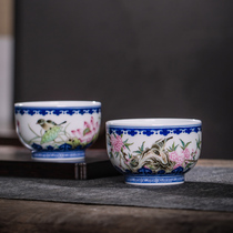 Kiln Jingdezhen all handmade tea set blue and white master Cup Cup Tea Cup enamel flower bird Lotus peach blossom pair Cup