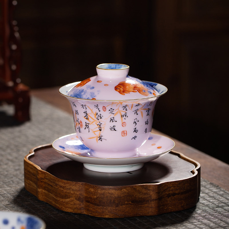 The Lord Kiln Green Blossom Alum Red Glaze Thin Tire Handmade Ceramic Kutian Tea Lid Bowl Teacup Cup of Three Only Cup Bubble Tea Bowl