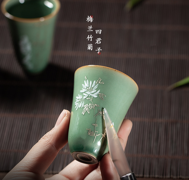 Owl up jingdezhen hand - made silver tea name plum green glaze kung fu tea cups individual cup four cups of high - grade suits for