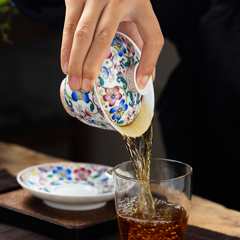 Jingdezhen ceramic checking tea tureen large cups colored enamel double pattern hand - made tea tea bowl