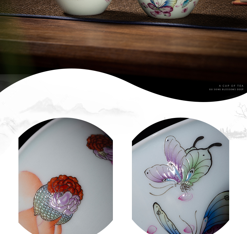 The Owl up with jingdezhen ceramic tea set of pure manual personal master cup kung fu tea colored enamel hand - made butterfly goldfish