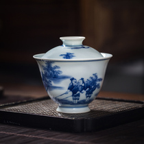 Jingdezhen Town high - end blue flower two - end cup of cup hand - painted ancient characters hand - made ceramic tea bowl