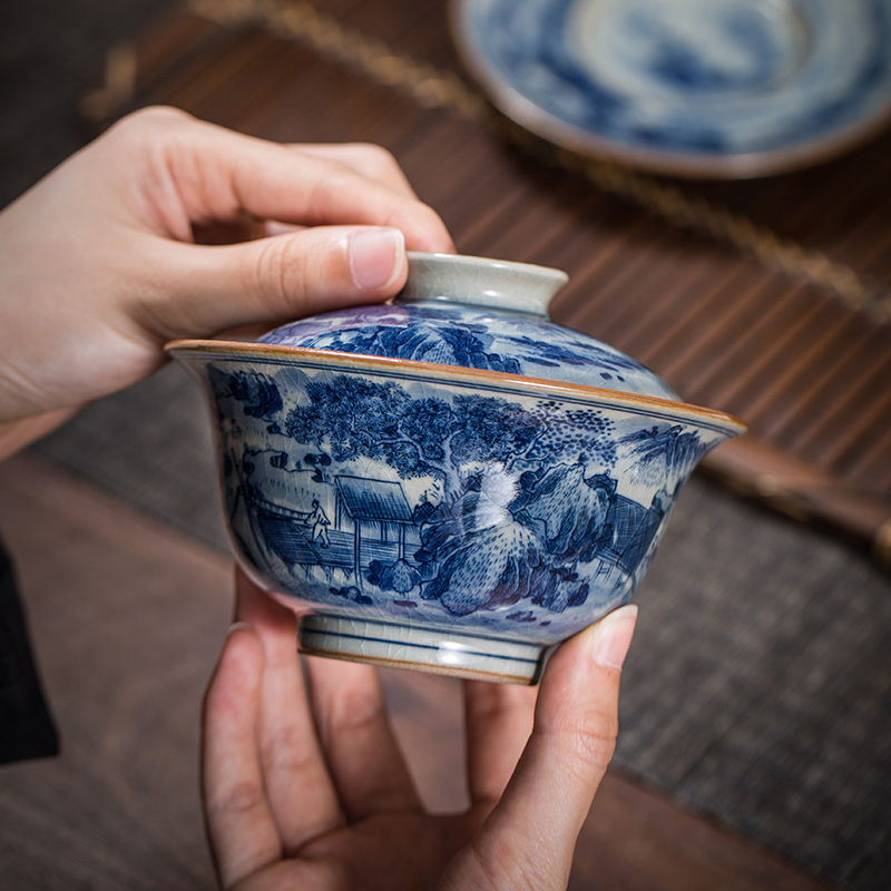 Old owl up clay five blue and white tureen tea service manual hand - made surface landscape maintain large kongfu tea bowl