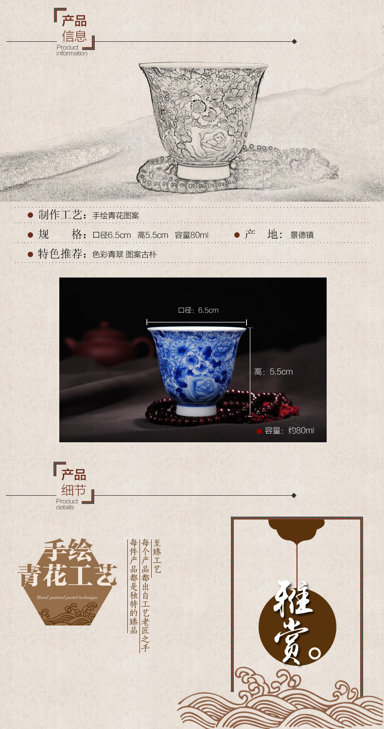 The Owl up jingdezhen classical blue - and - white ceramics individual sample tea cup tea hand - made kung fu tea flowers design