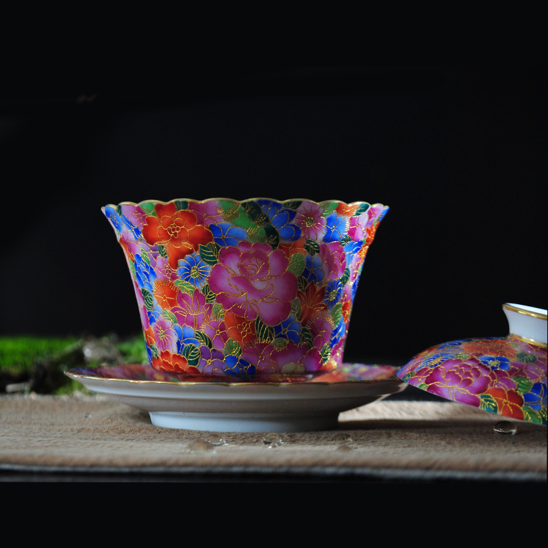 Jingdezhen ceramics by hand tureen large cups hand - made kung fu tea set three wire inlay enamel see lotus to bowl