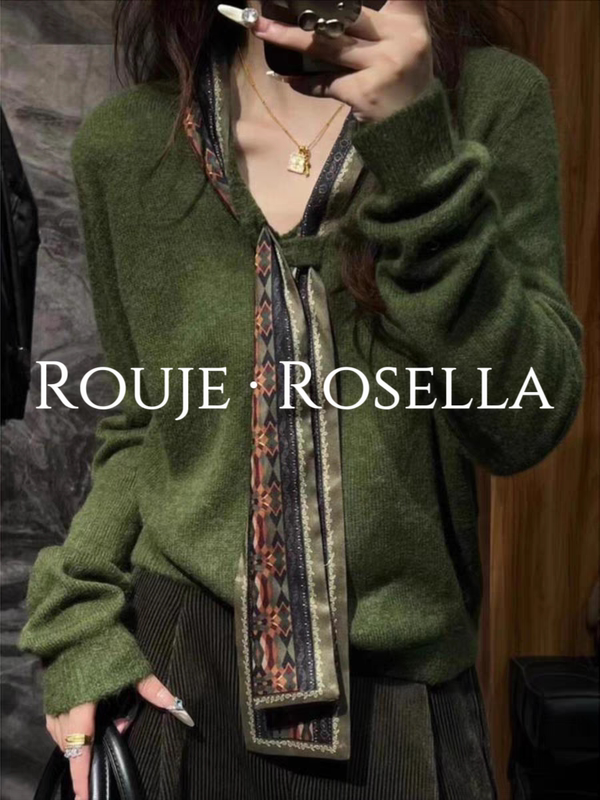 French Brand Rouje Rosella Looks Great ⭐ Retro Green V Neck Knitwear for Women in Autumn and Winter, Loose Slimming Look Knitwear